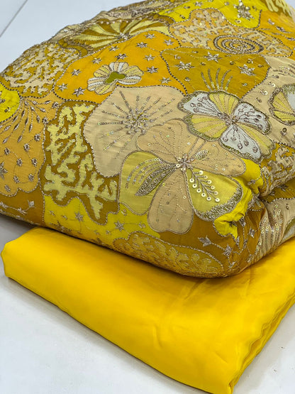 Sunshine Yellow Floral Embroidered Designer Fabric – Soft Crepe Material