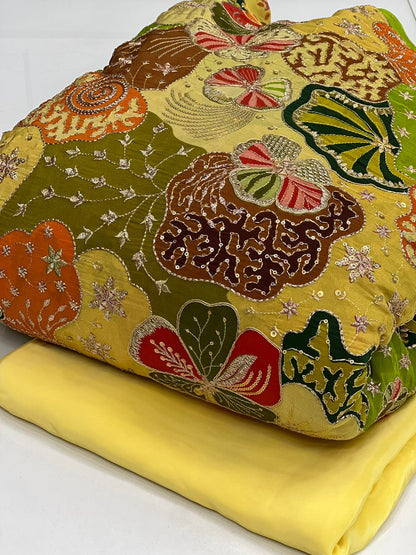 Pastel Yellow Multicolor Embroidered Fabric – Premium Designer Material
