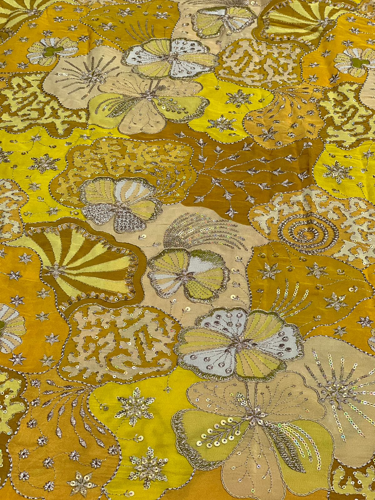 Sunshine Yellow Floral Embroidered Designer Fabric – Soft Crepe Material