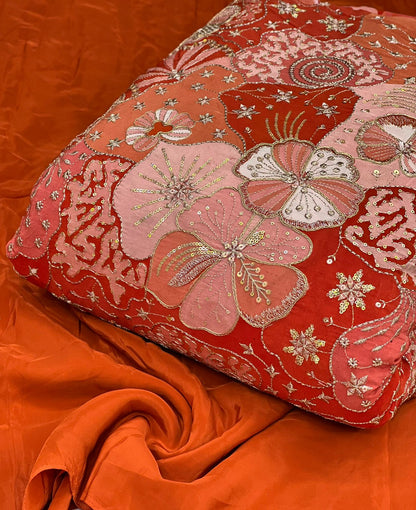 Coral Peach Floral Embroidered Fabric – Premium Designer Occasion Material
