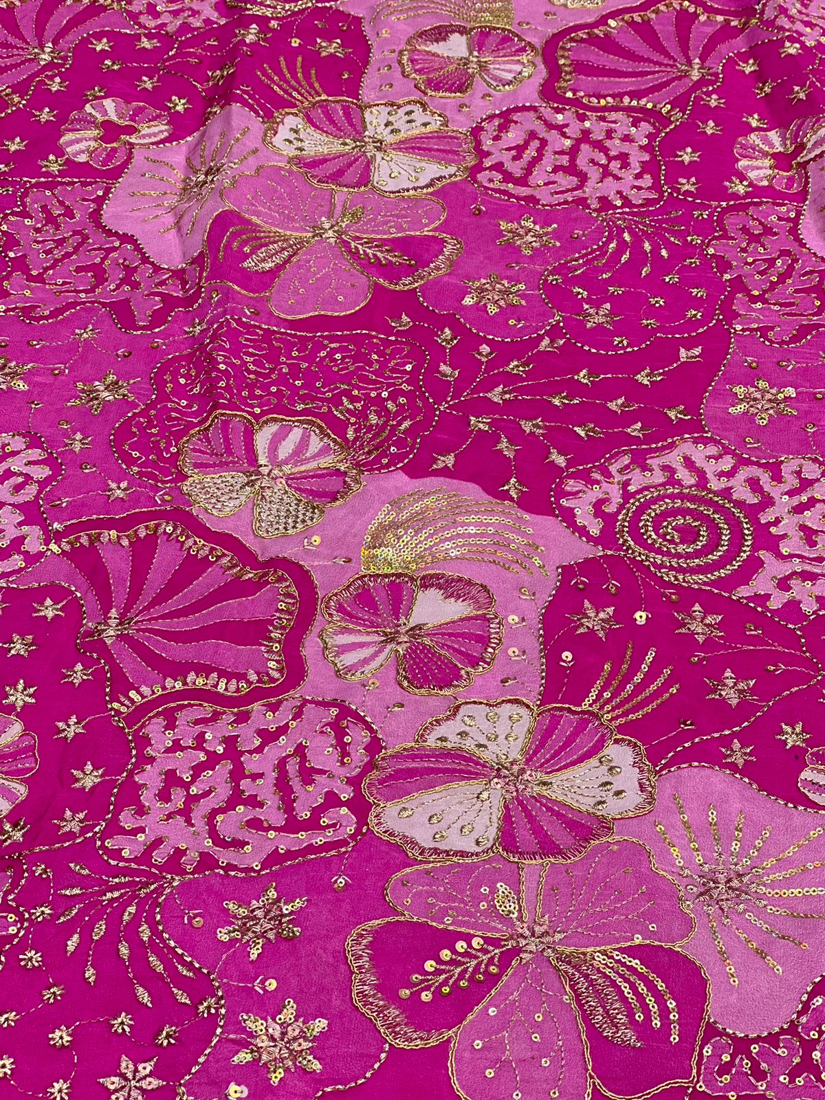 Hot Pink Floral Embroidered Designer Fabric – Premium Festive Material
