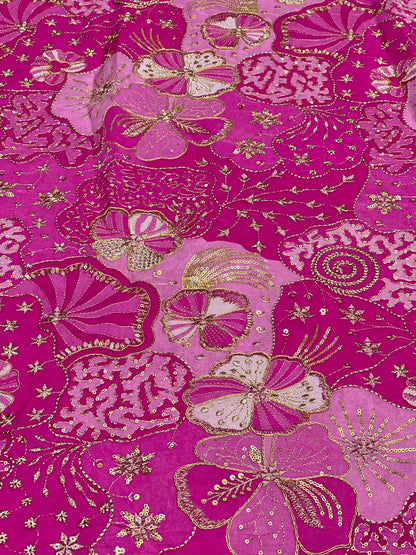 Hot Pink Floral Embroidered Designer Fabric – Premium Festive Material