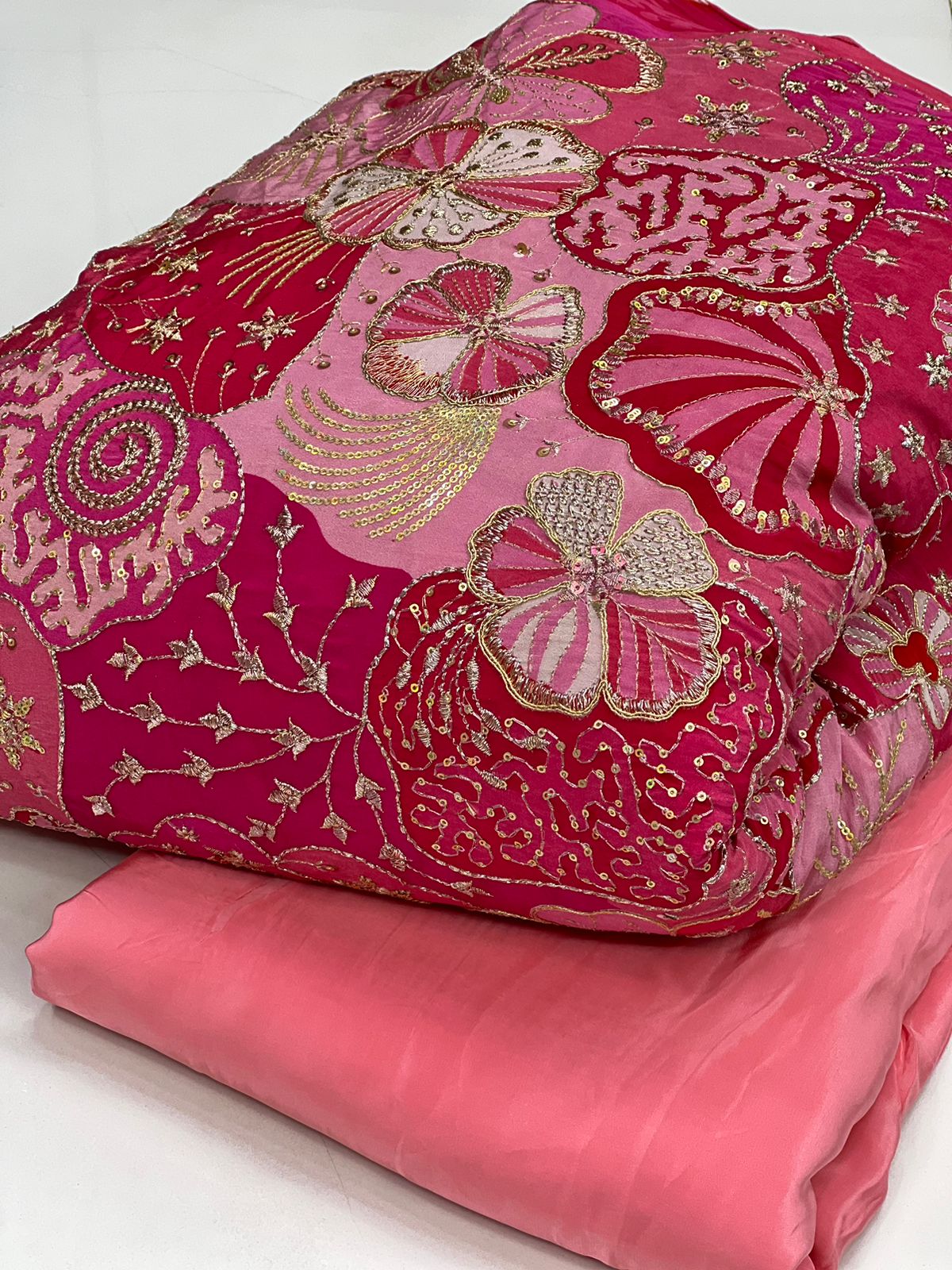 Pink Rose Floral Embroidered Fabric – Elegant Premium Designer Material
