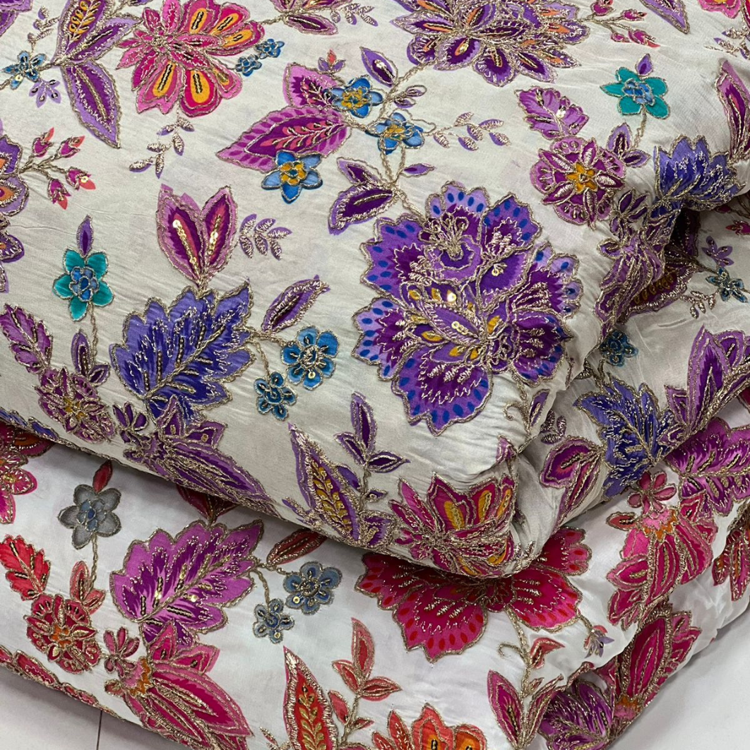 Floral Pink Embroidered Net and Satin Fabric Set – Romantic & Regal